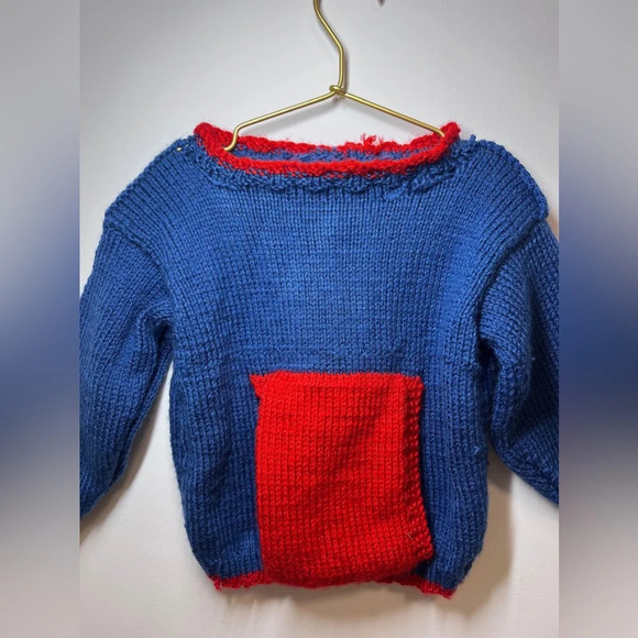 Handmade Knit Baby Sweater Red and Blue Pullover - Picture 3 of 7